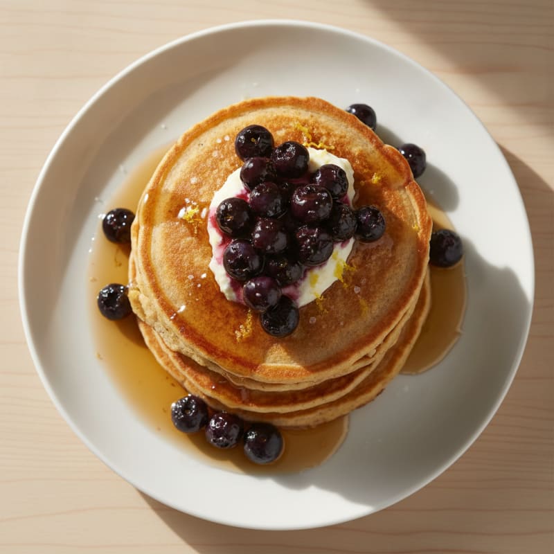 Blueberry Ricotta Pancakes with Maple Syrup
