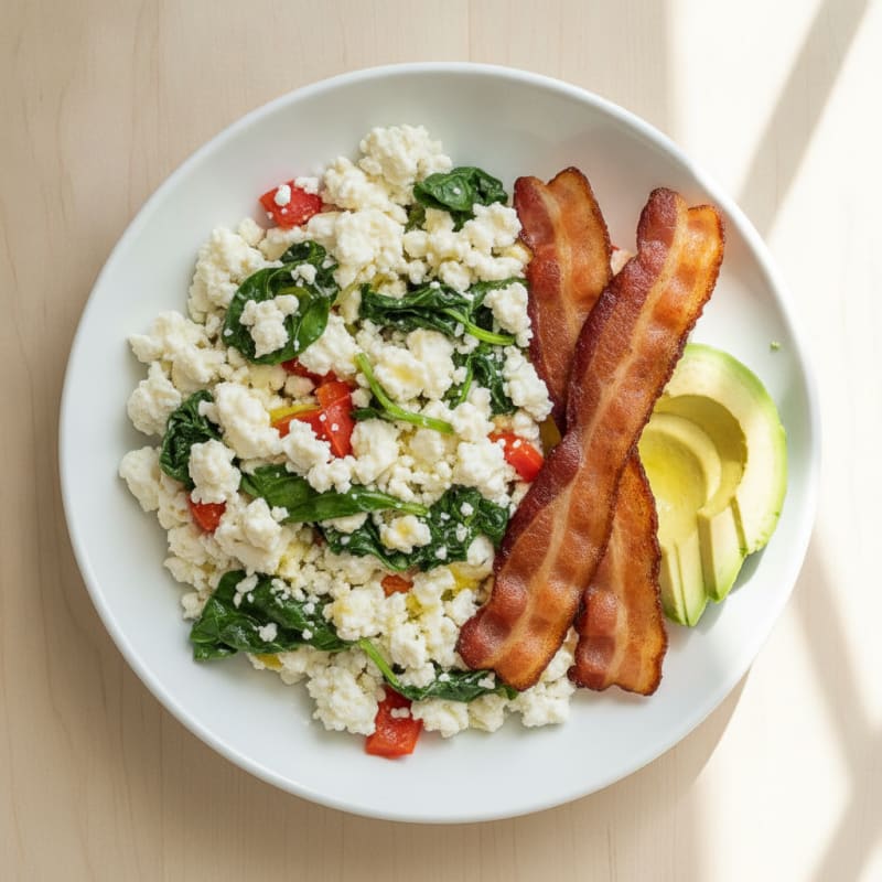 Egg White Veggie Scramble with Cottage Cheese and Turkey Bacon