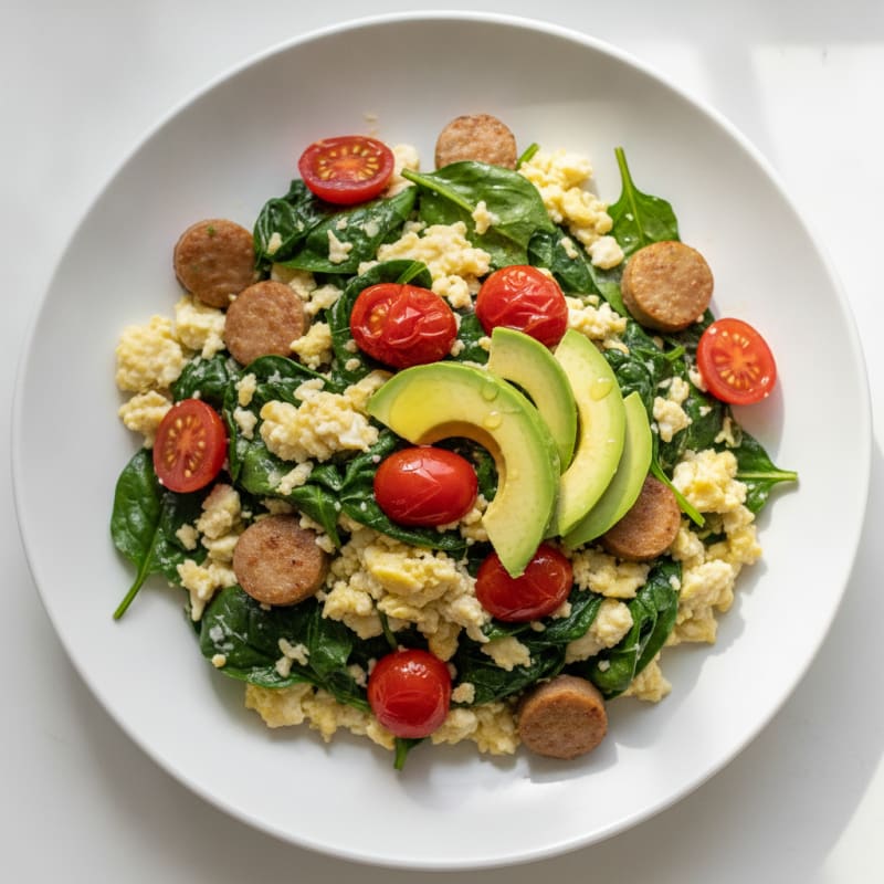 Egg White Spinach Scramble with Turkey Sausage and Cherry Tomatoes
