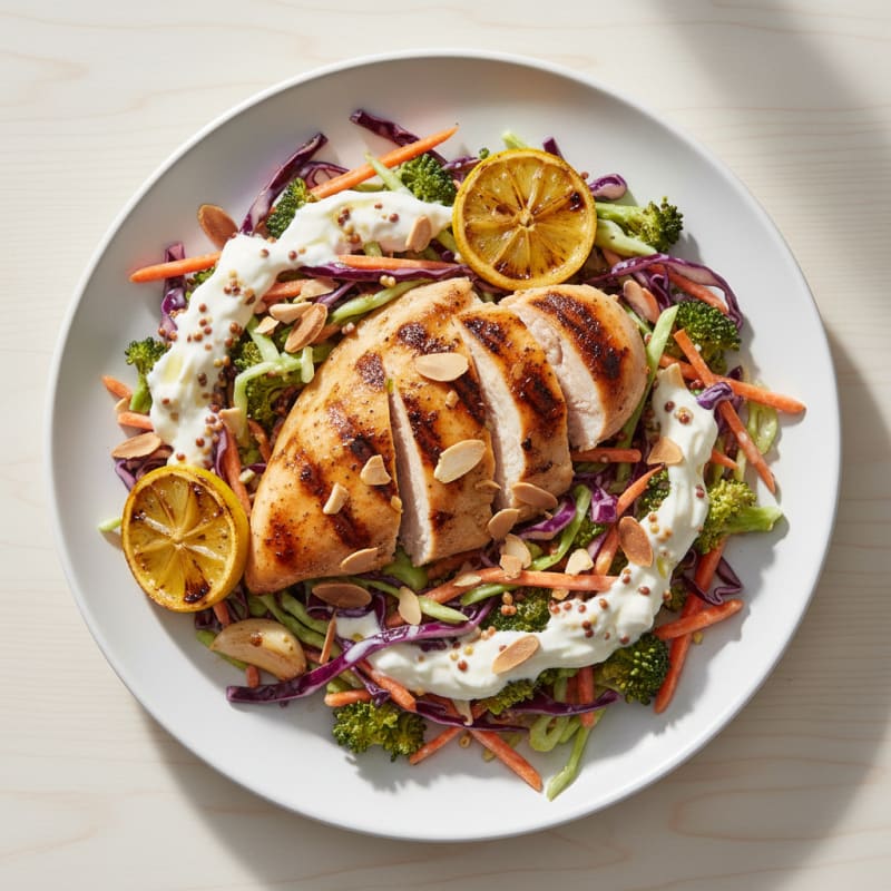 Grilled Chicken Breast with Crunchy Broccoli Slaw