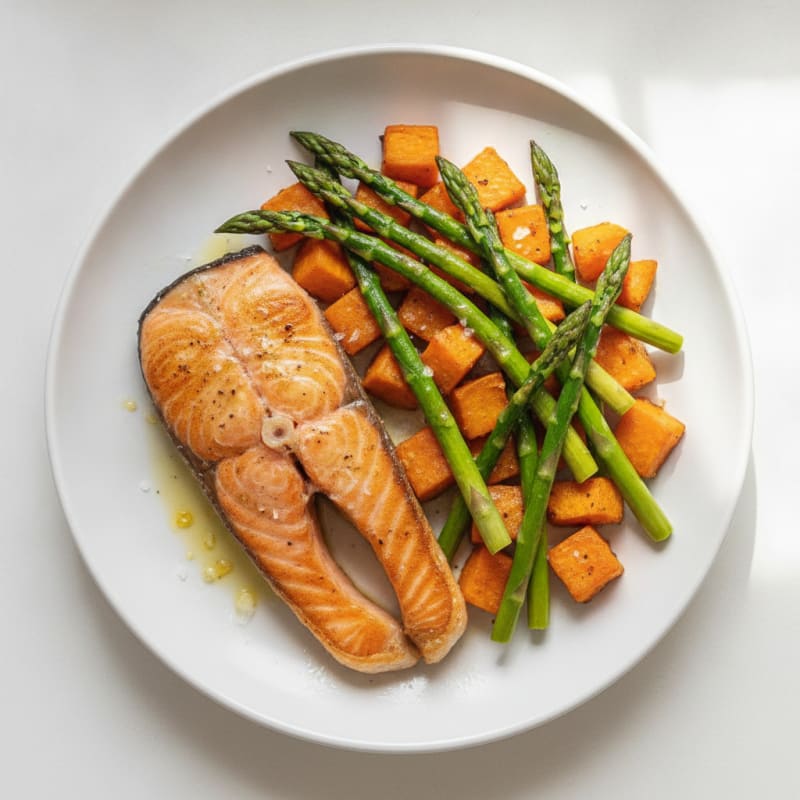 Seared Salmon Fillet with Roasted Sweet Potato and Asparagus