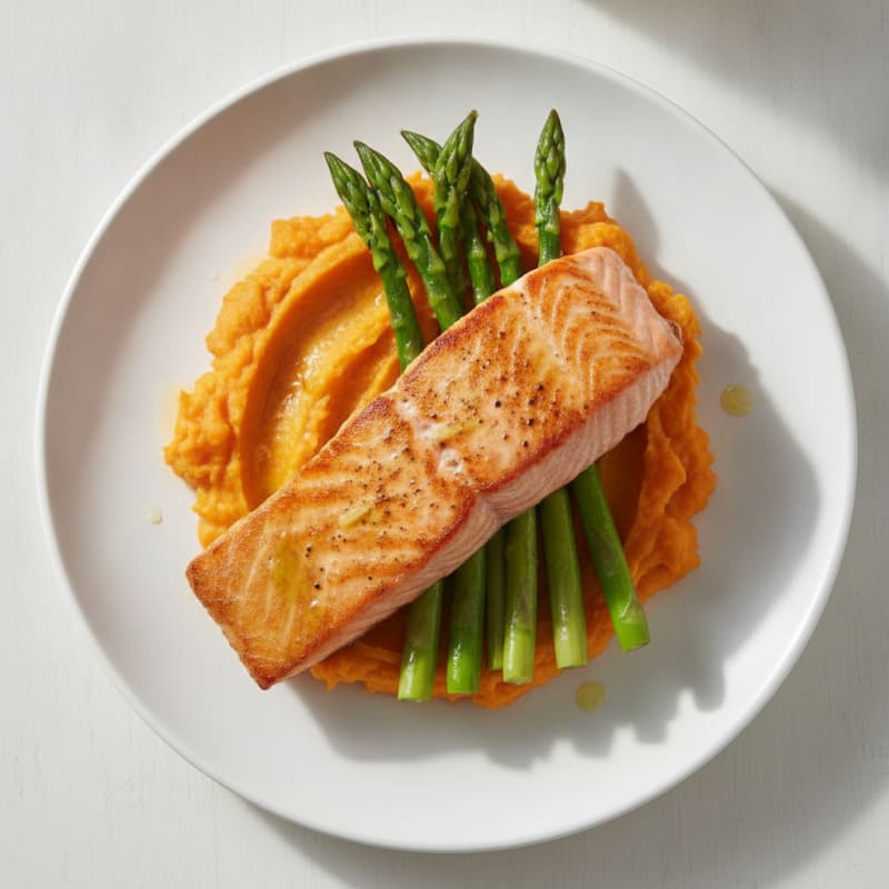 Seared Salmon Fillet with Steamed Asparagus and Sweet Potato Mash