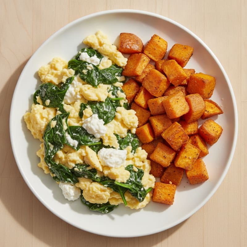 Cottage Cheese Egg Scramble with Spinach and Roasted Sweet Potato