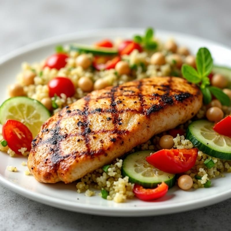 Grilled Chicken Breast with Crunchy Quinoa Salad and Lemon Dressing