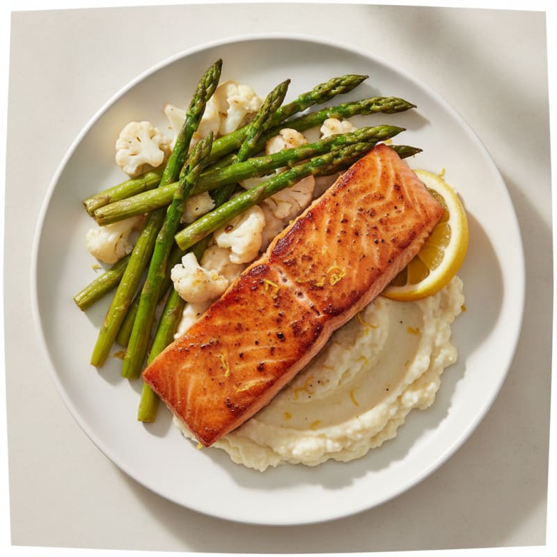 Seared Salmon Fillet with Roasted Asparagus and Cauliflower Mash