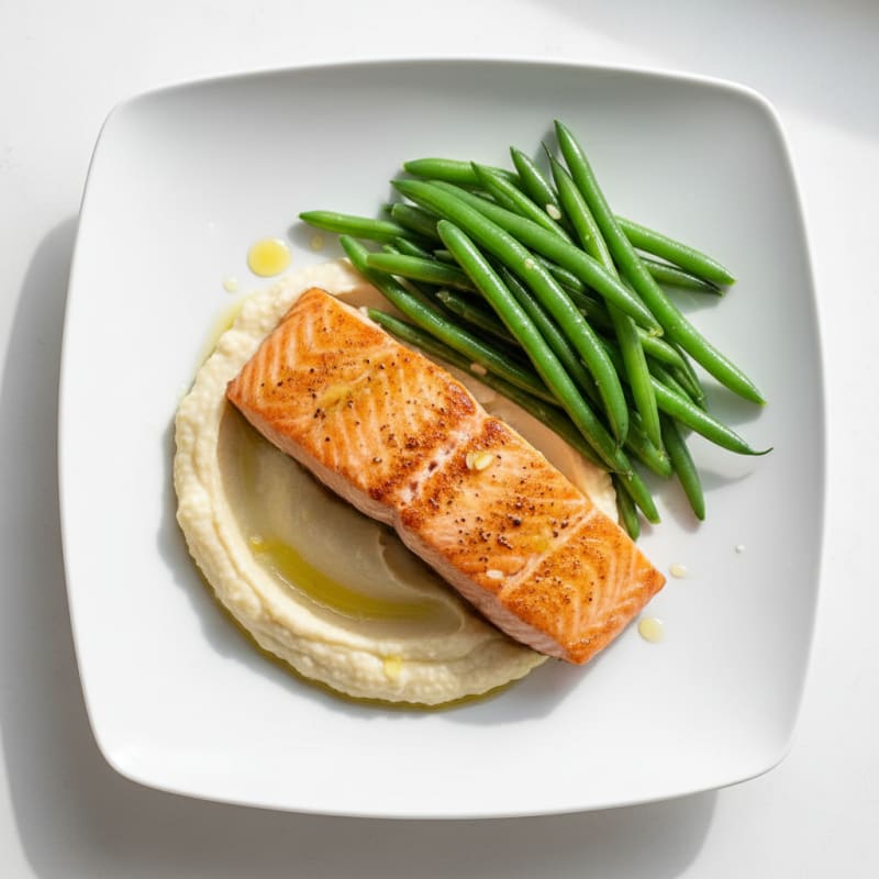 Seared Salmon with Steamed Green Beans and Cauliflower Mash
