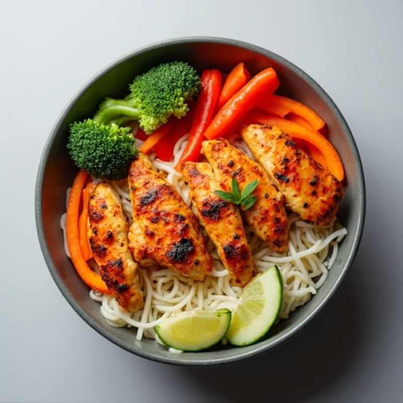 Spicy Sriracha Chicken and Fresh Vegetable Noodle Bowl