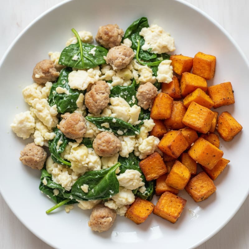 Egg White and Turkey Sausage Scramble with Spinach and Roasted Sweet Potato