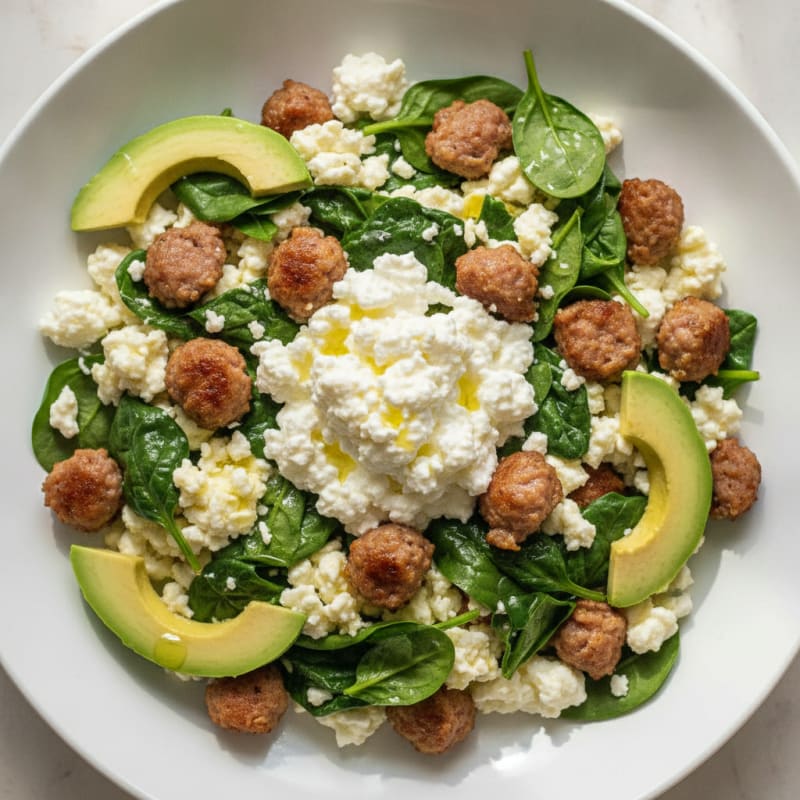Egg White and Turkey Sausage Scramble with Spinach and Cottage Cheese
