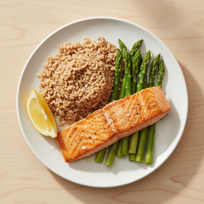 Seared Salmon with Steamed Asparagus and Brown Rice