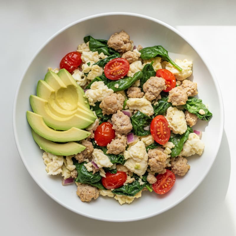 Egg White and Turkey Sausage Scramble with Spinach and Tomatoes