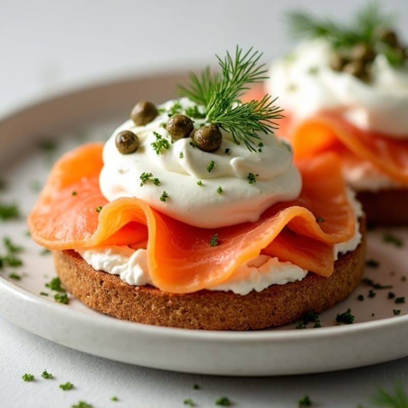 Smoked Salmon Whole Grain Bagel with Creamy Whipped Cottage Cheese and Fresh Herbs