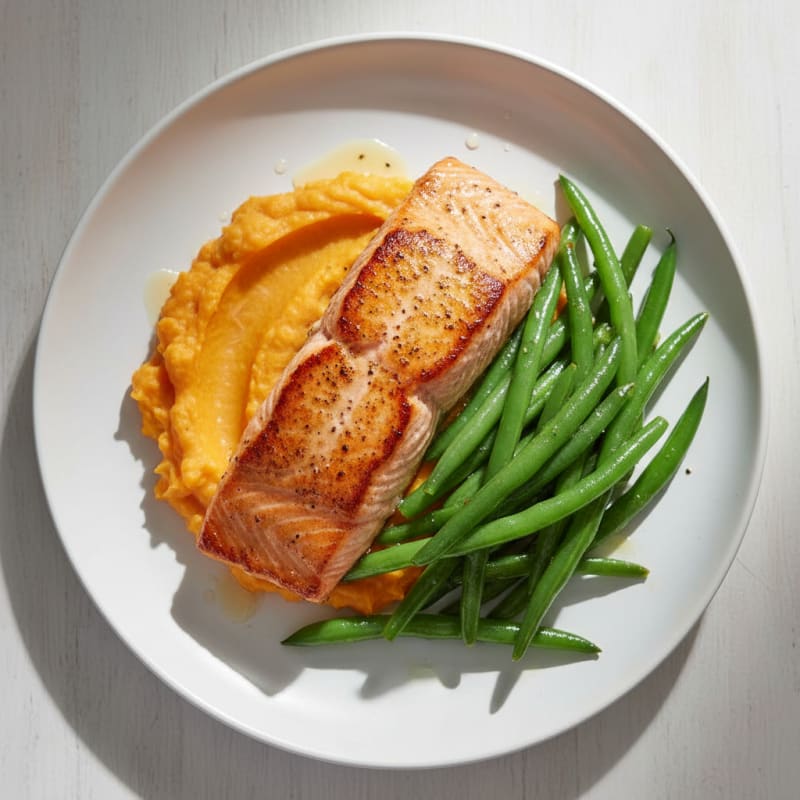 Seared Salmon with Steamed Green Beans and Sweet Potato Mash