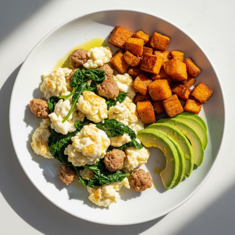 Egg White Scramble with Turkey Sausage and Sautéed Spinach
