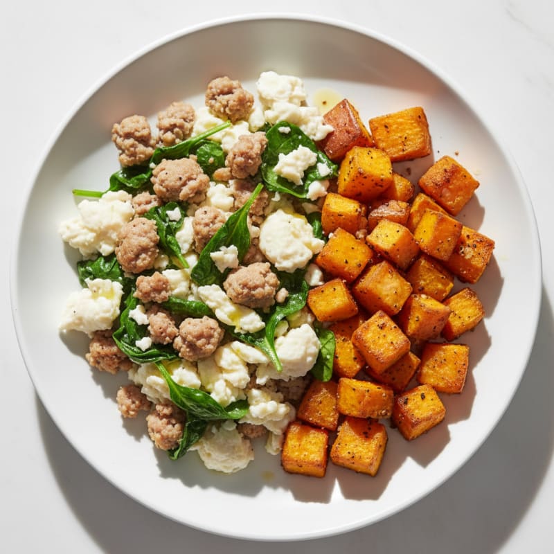 Egg White and Turkey Sausage Scramble with Spinach and Roasted Sweet Potato