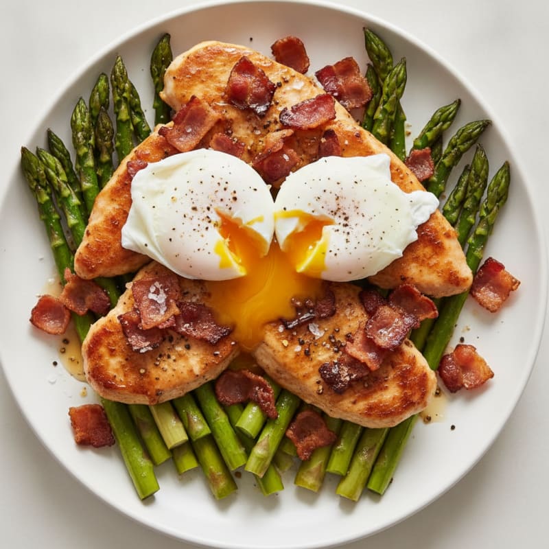 Poached Eggs with Roasted Asparagus, Chicken, and Bacon