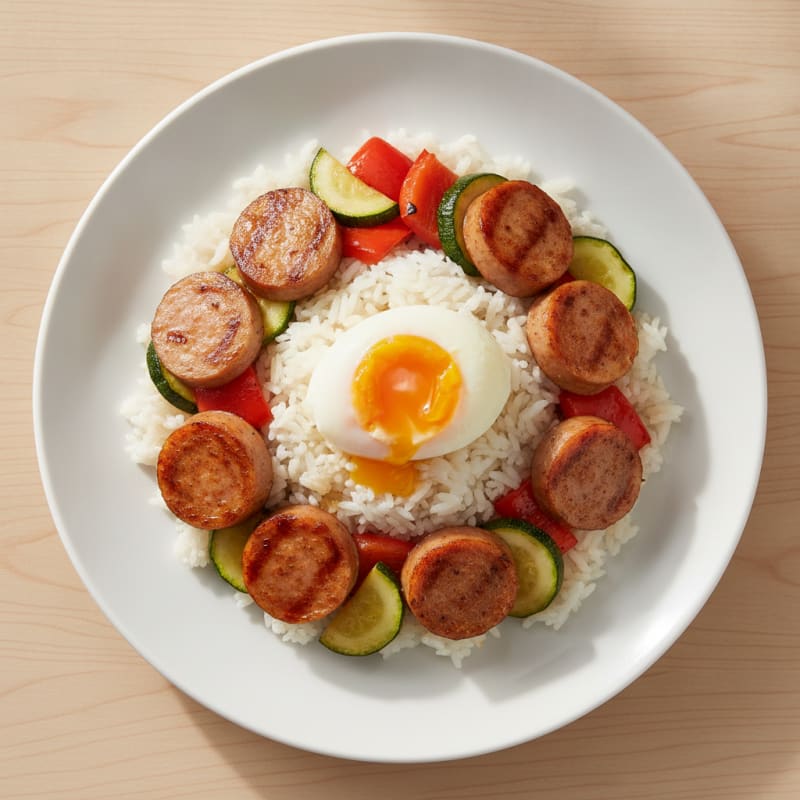 Seared Turkey Sausage with Roasted Vegetables and Steamed Rice