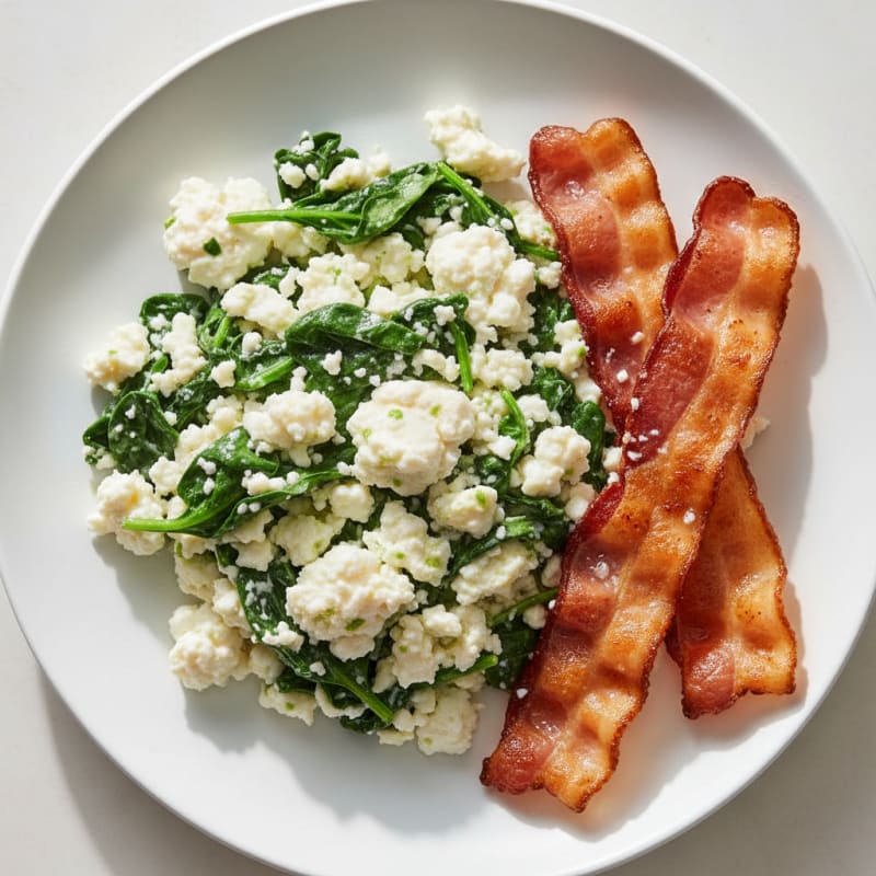 Egg White and Cottage Cheese Scramble with Spinach and Turkey Bacon