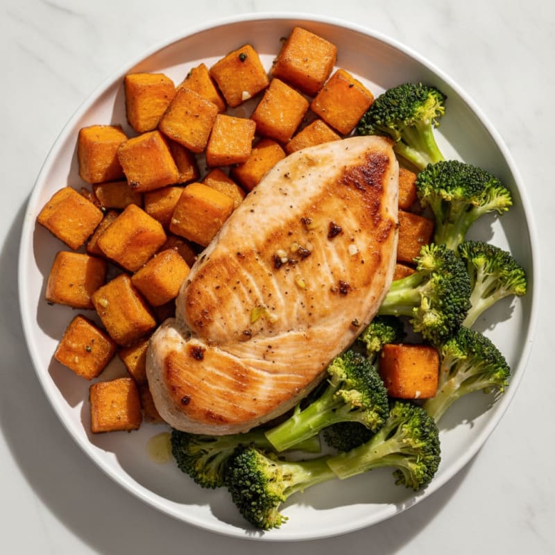 Seared Turkey Breast with Roasted Sweet Potatoes and Broccoli