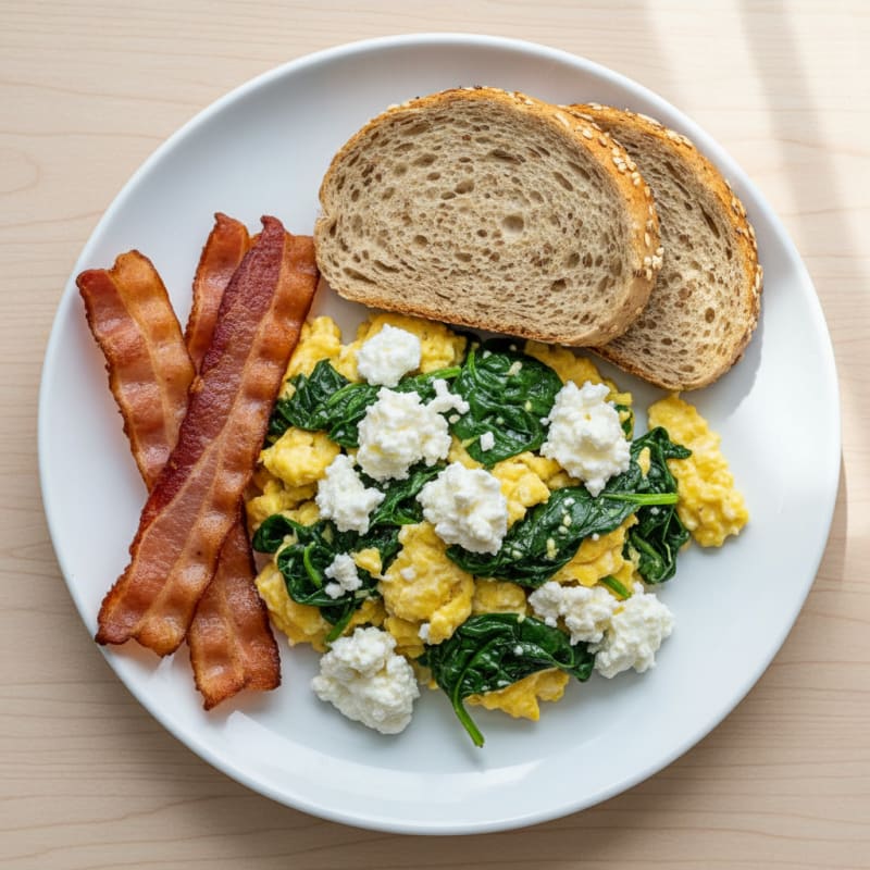 Cottage Cheese Egg Scramble with Spinach and Turkey Bacon