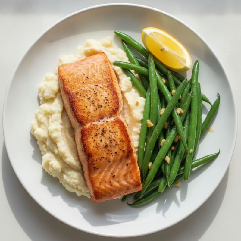 Seared Salmon with Garlic Green Beans and Cauliflower Mash