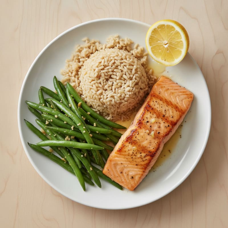 Seared Salmon Fillet with Garlic Green Beans and Brown Rice
