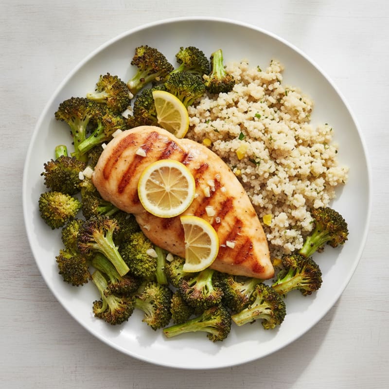 Grilled Lemon Garlic Chicken Breast with Quinoa and Roasted Broccoli