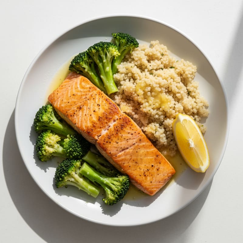 Seared Salmon Fillet with Steamed Broccoli and Quinoa