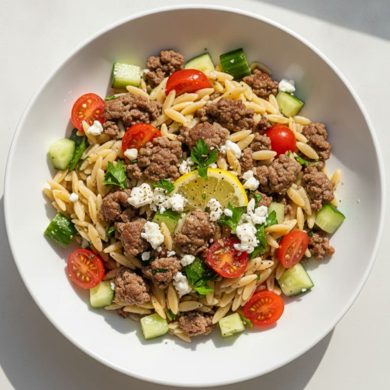 Greek Beef and Orzo Bowl
