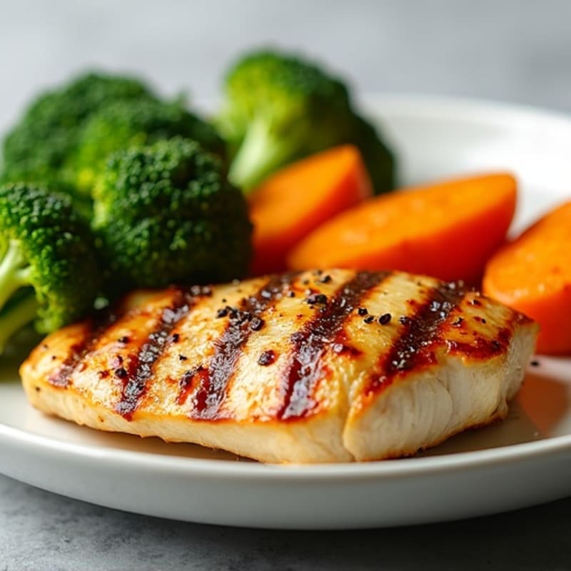 Grilled Chicken with Roasted Sweet Potatoes and Steamed Broccoli