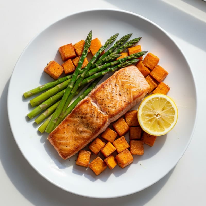 Seared Salmon with Roasted Sweet Potatoes and Asparagus