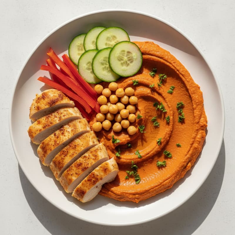 Roasted Red Pepper Hummus Plate with Smoky Chicken