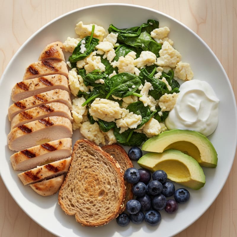 Egg White and Spinach Scramble with Grilled Chicken Breast and Greek Yogurt