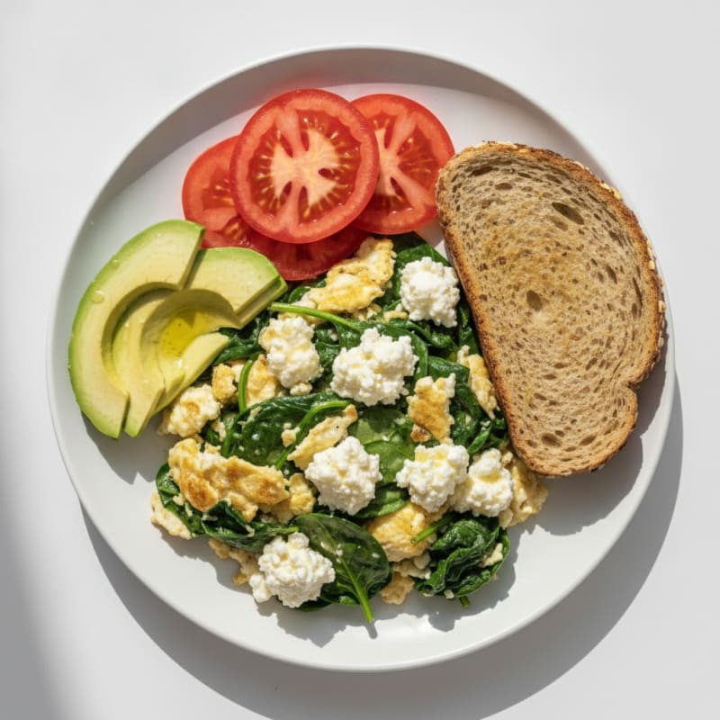 Egg White and Spinach Scramble with Cottage Cheese and Sliced Tomatoes