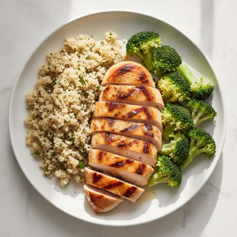 Grilled Chicken Breast with Steamed Broccoli and Quinoa