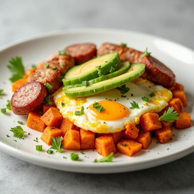 Crispy Turkey Sausage and Egg White Scramble with Roasted Sweet Potatoes