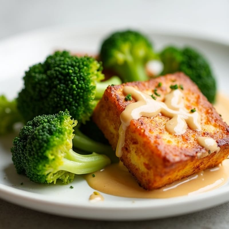 Crispy Baked Tofu with Roasted Broccoli and Creamy Peanut Dressing