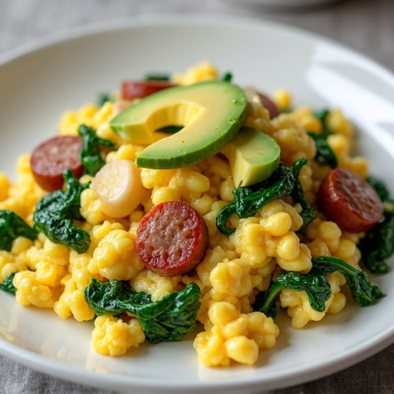 Egg White Scramble with Turkey Sausage and Sautéed Spinach