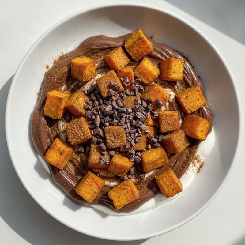 Creamy Greek Yogurt Protein Bowl with Chocolate Protein and Chopped Roasted Sweet Potato