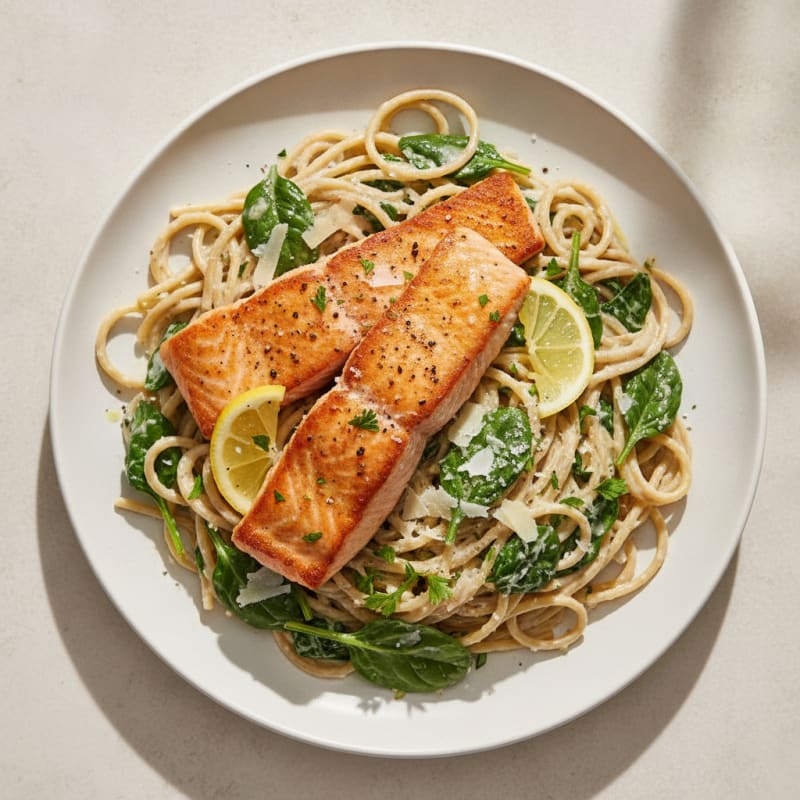 Pan-Seared Salmon with Creamy Garlic Pasta