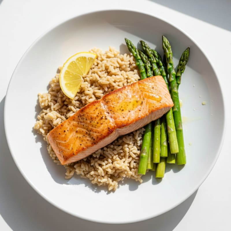 Seared Salmon with Steamed Asparagus and Brown Rice