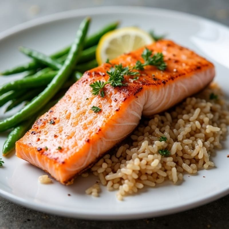 Seared Salmon Fillet with Steamed Green Beans and Brown Rice