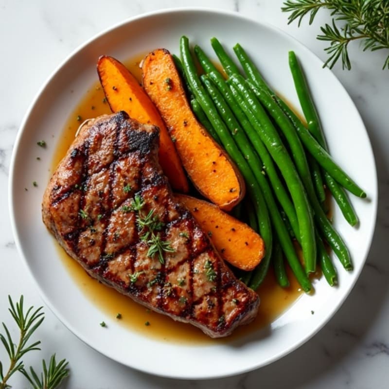 Seared Sirloin Steak with Herb-Roasted Sweet Potatoes and Sautéed Green Beans