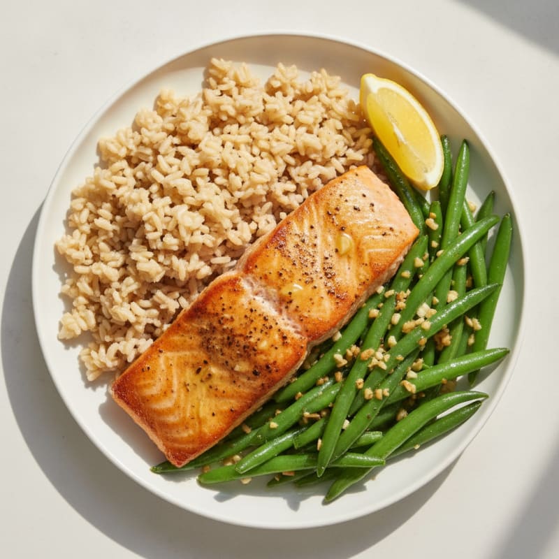 Seared Salmon with Garlic Green Beans and Brown Rice