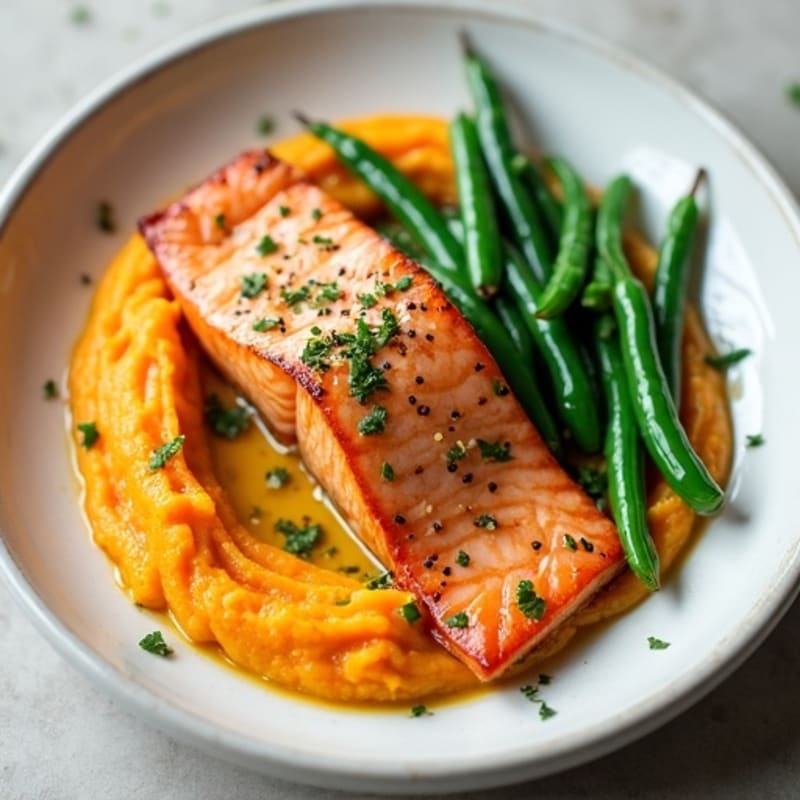 Seared Salmon with Steamed Green Beans and Sweet Potato Mash