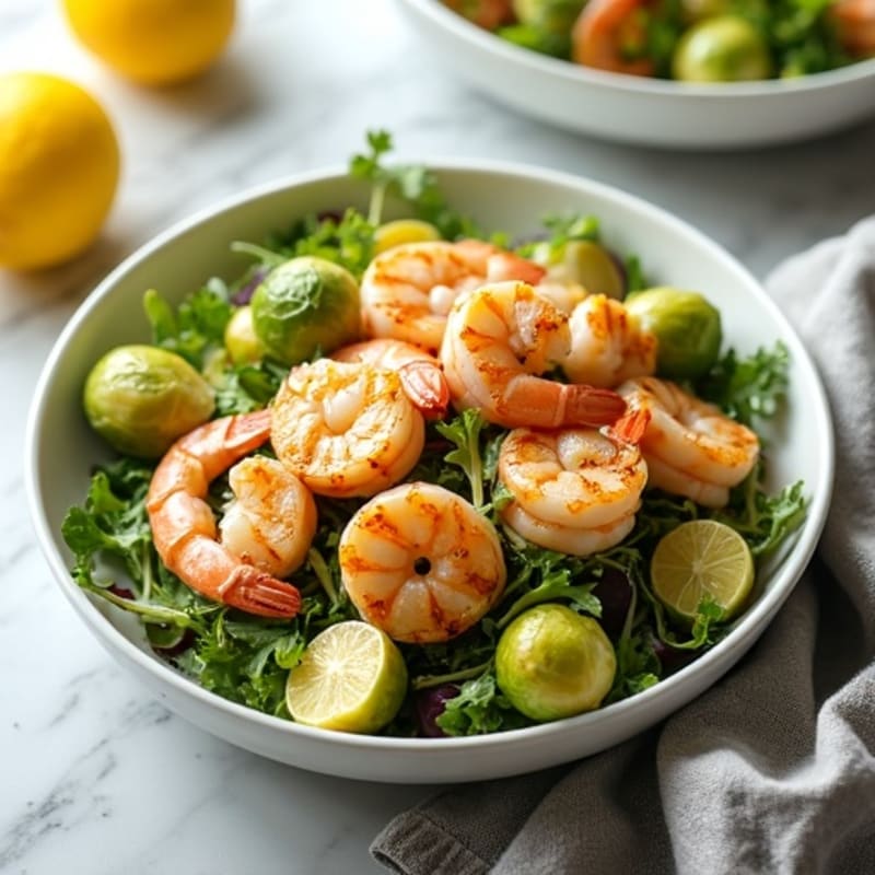 Grilled Shrimp and White Fish Salad with Steamed Brussel Sprouts