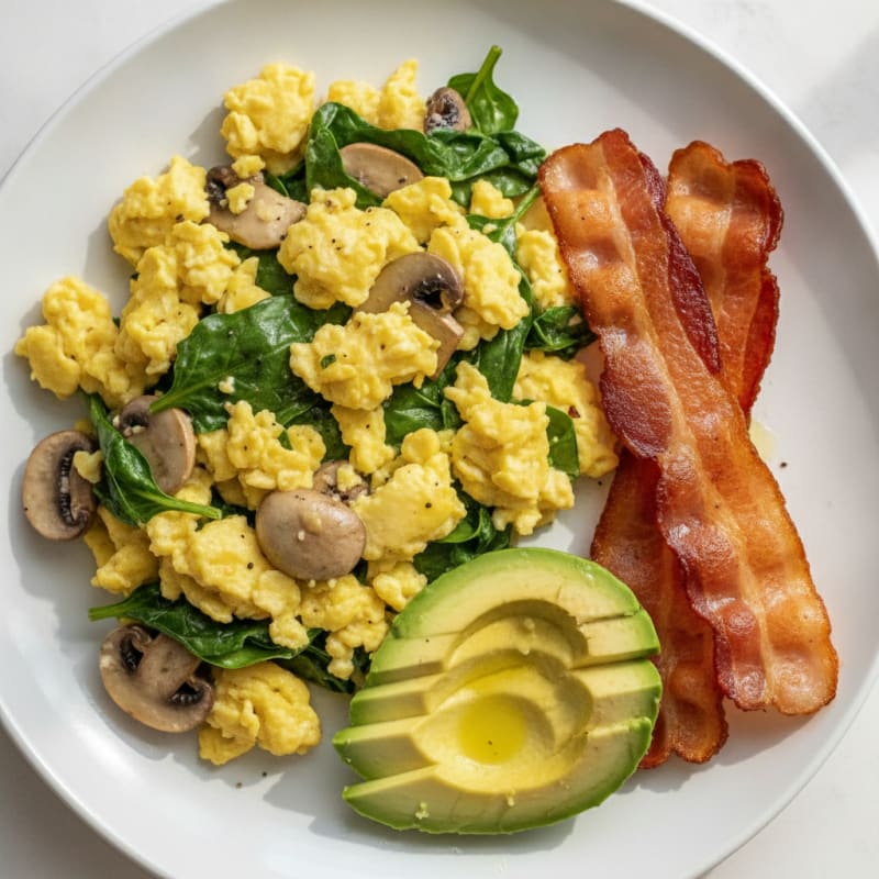 Crispy Turkey Bacon and Spinach Egg Scramble with Sautéed Mushrooms