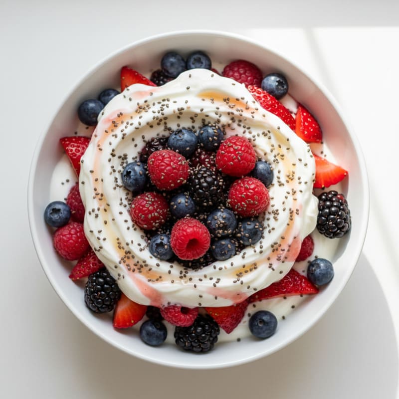 Greek Yogurt Protein Parfait with Mixed Berries and Chia Seeds
