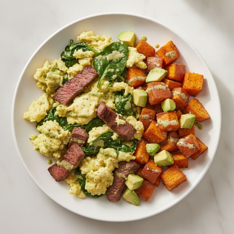 Steak and Spinach Egg Scramble with Roasted Sweet Potatoes