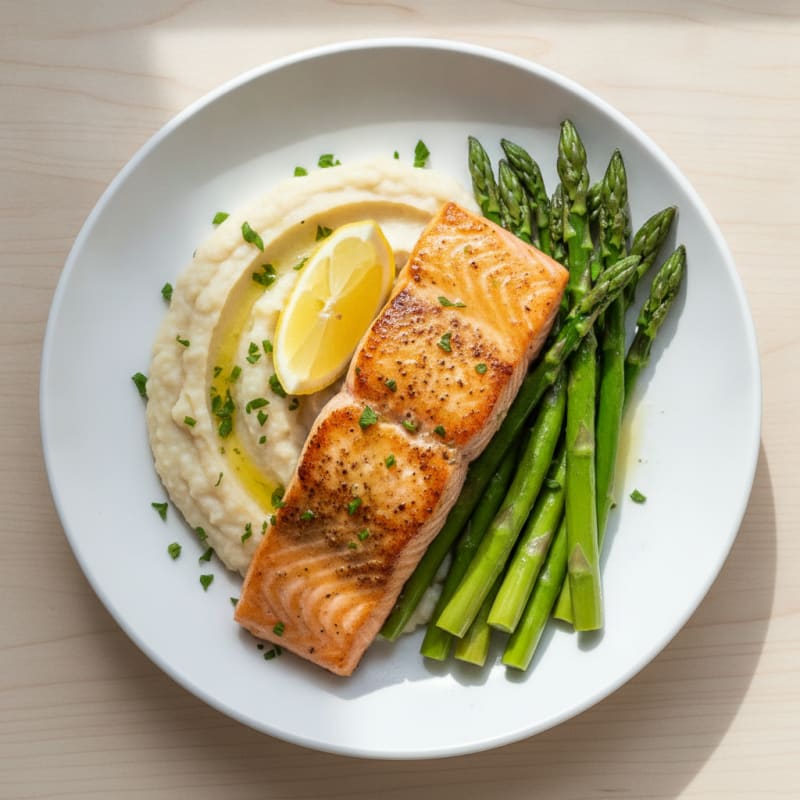 Seared Salmon with Creamy White Bean Mash and Steamed Asparagus